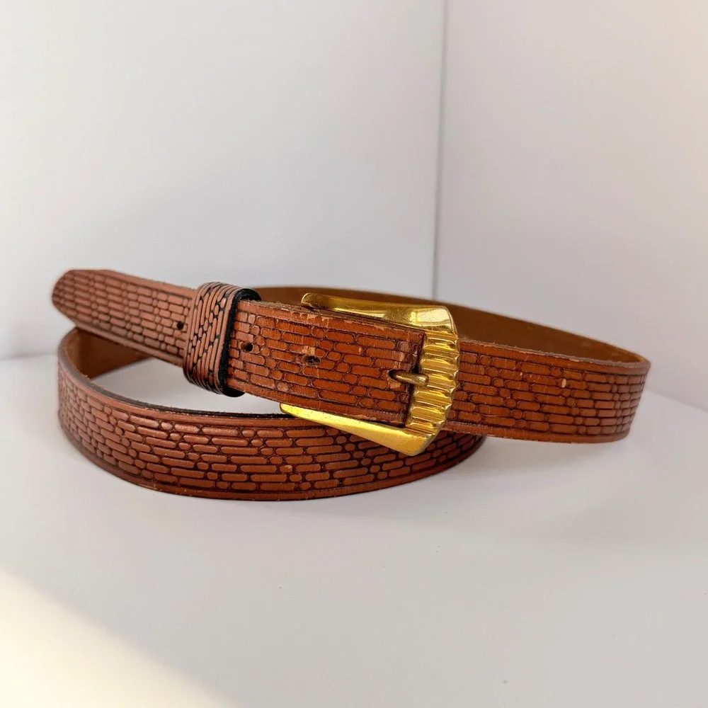 Pioneer Cowhide‎ Hand Stained Leather Belt Brown Embossed Brick Pattern retro 38